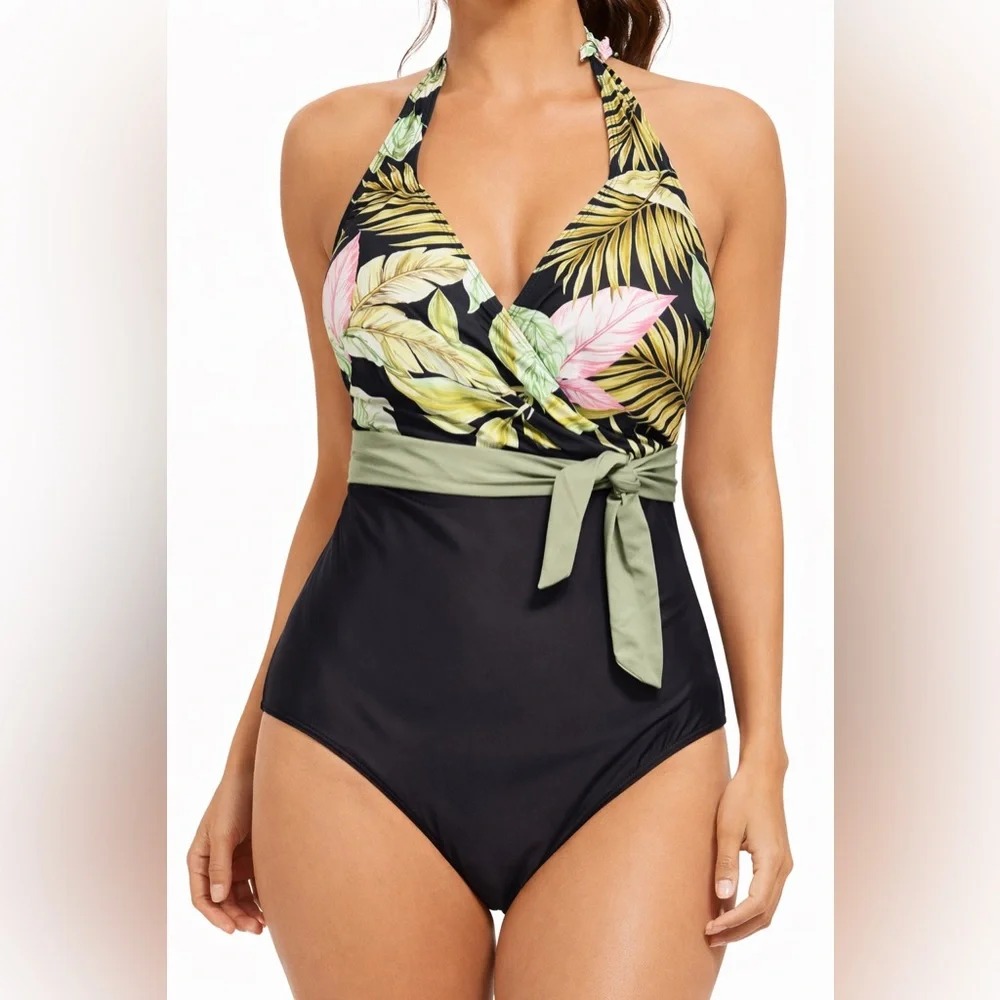NWT‎ Lands' End Leaf Print Halter Wrap Swimsuit